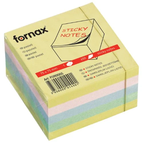 Fornax blok samolepljiv 75×75 mm – 450 listova, mix pastelnih boja (2×žuta, plava, roze, zelena)
