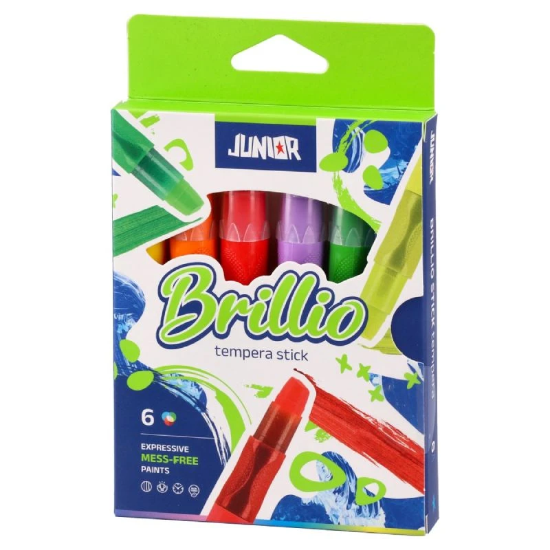 Junior Brillio tempera u stiku 6 boja – školske tempere bez nereda, bez vode i četkice, intenzivne i postojane boje
