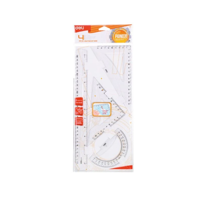 DELI geometrijski set 1/4 30cm EG00512 – osnovni 4-delni set školskog i tehničkog pribora sa lenjirom 30 cm, uglomerom 180° i trouglovima 30/60/90° i 45/45/90° za precizno merenje i crtanje geometrijskih oblika.