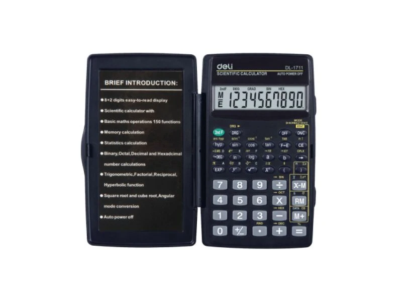 DELI Matematički kalkulator E1711 – 10 cifara, 56 matematičkih funkcija, trigonometrija, logaritmi, statistika, automatsko gašenje, zaštitni poklopac