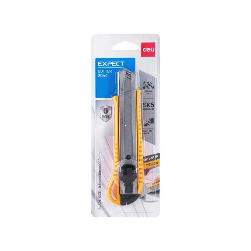 DELI skalpel 18 mm E2044 – metalna vođica, rezervno sečivo, automatsko zaključavanje, SK5 čelik