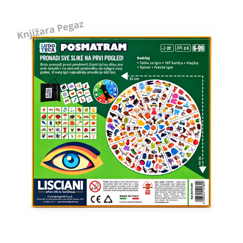 Lisciani Ludoteca Posmatram društvena igra opažanja i brzine za 2–5 igrača, uzrast 6–99 godina, 167 kartica i tabla 32 x 32 cm
