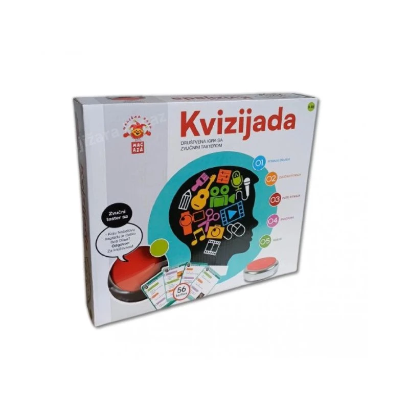 Društvena igra Kvizijada sa zvučnim tasterom – porodična edukativna kviz igra za decu i odrasle (9–99 godina), zabava, znanje i brzo razmišljanje