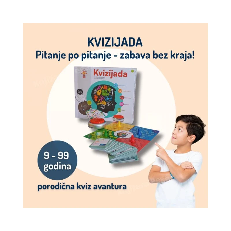 Društvena igra Kvizijada sa zvučnim tasterom – porodična edukativna kviz igra za decu i odrasle (9–99 godina), zabava, znanje i brzo razmišljanje