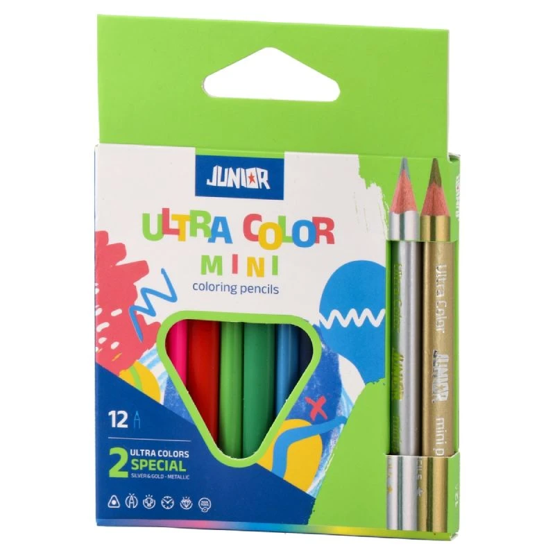 Junior Ultra Color drvene bojice 10 boja+zlatna+srebna – kratke, trouglaste, jarke boje, kvalitetno drvo – 130209