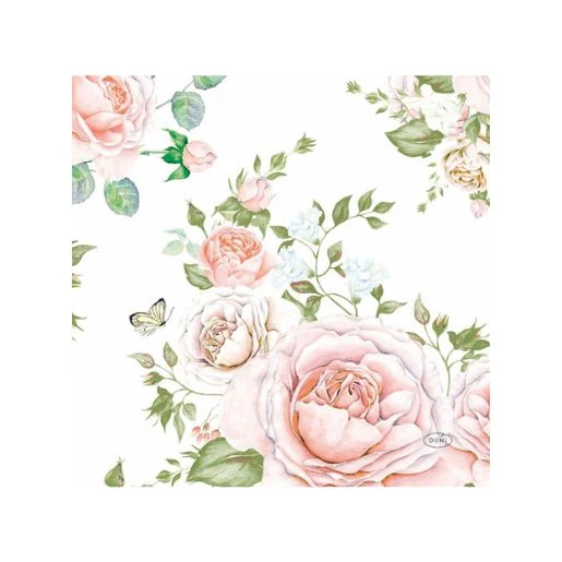 DUNI salvete 33×33cm Rose glory – troslojne premium papirne salvete, elegantan dezen sa roze ružama, pakovanje 20 kom, FSC® certificirane, dekoracija za svečane trpeze
