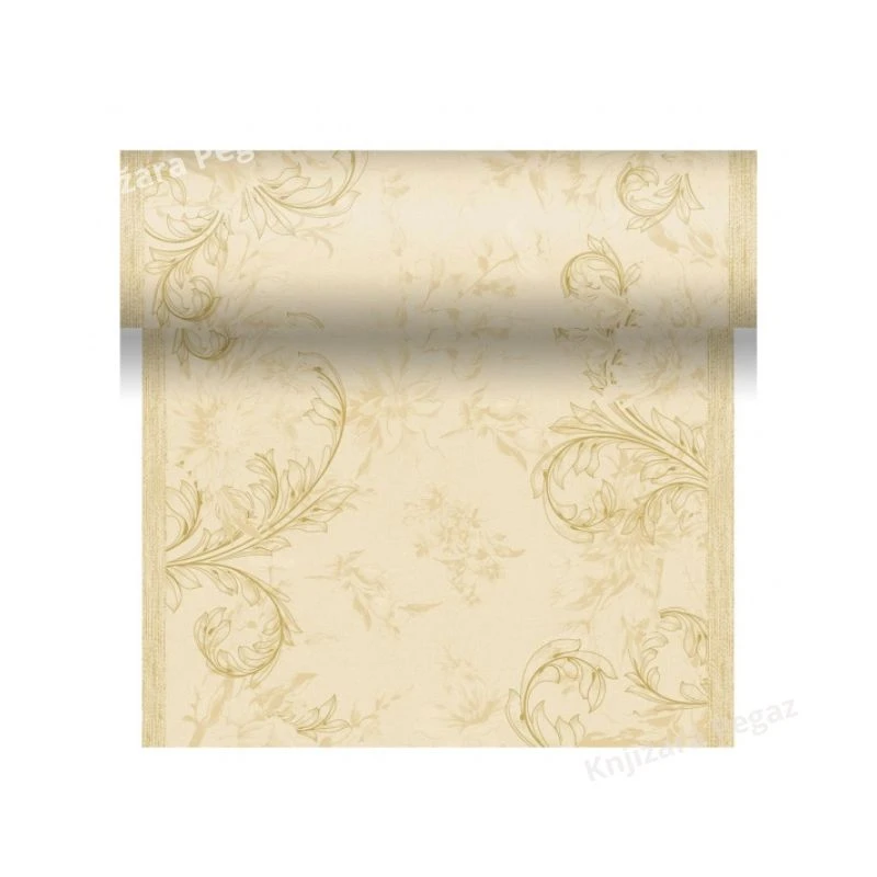 DUNI Stona traka 0.4x4.8m charme cream – elegantna dekorativna stona traka sa zlatnim ornamentima, Dunicel table runner za dekoraciju stola, slavlje, svadbu i svečanu trpezu