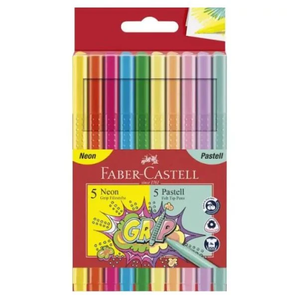 Faber-Castell Grip flomasteri 1/10 komada, 5 neon i 5 pastel boja, ergonomski dizajn, školskog kvaliteta