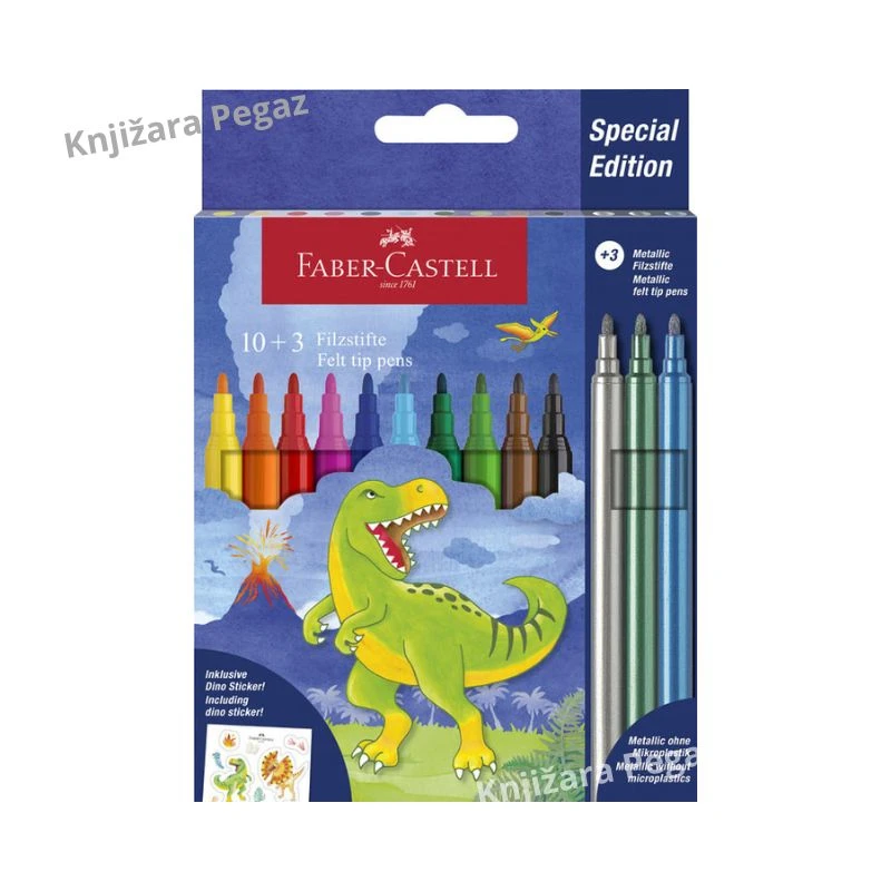 Faber-Castell Flomasteri Castle Dinosaur 10+3 metalik, flomasteri za crtanje i bojenje sa dino nalepnicama 554214