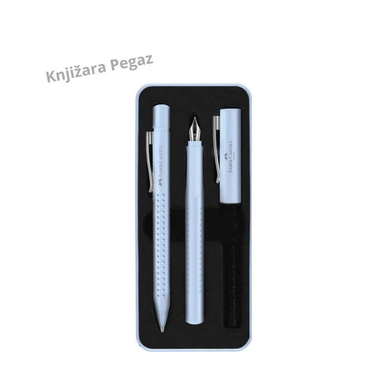 Faber-Castell Grip 2010 Sky Blue set, hemijska olovka i naliv pero M u metalnoj poklon kutiji, Premium pisaći set