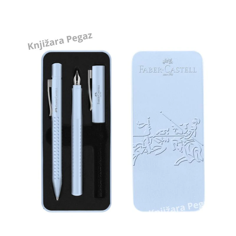 Faber-Castell Grip 2010 Sky Blue set, hemijska olovka i naliv pero M u metalnoj poklon kutiji, Premium pisaći set