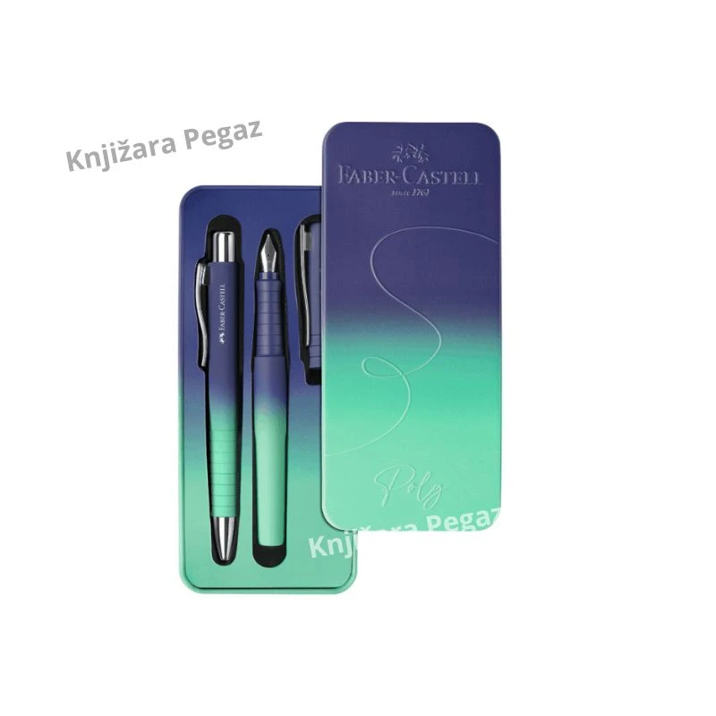 Faber-Castell Poly flow edition buzzing blue set sa hemijskom olovkom i naliv Perom M u metalnoj kutiji, Premium pisaći set 241055