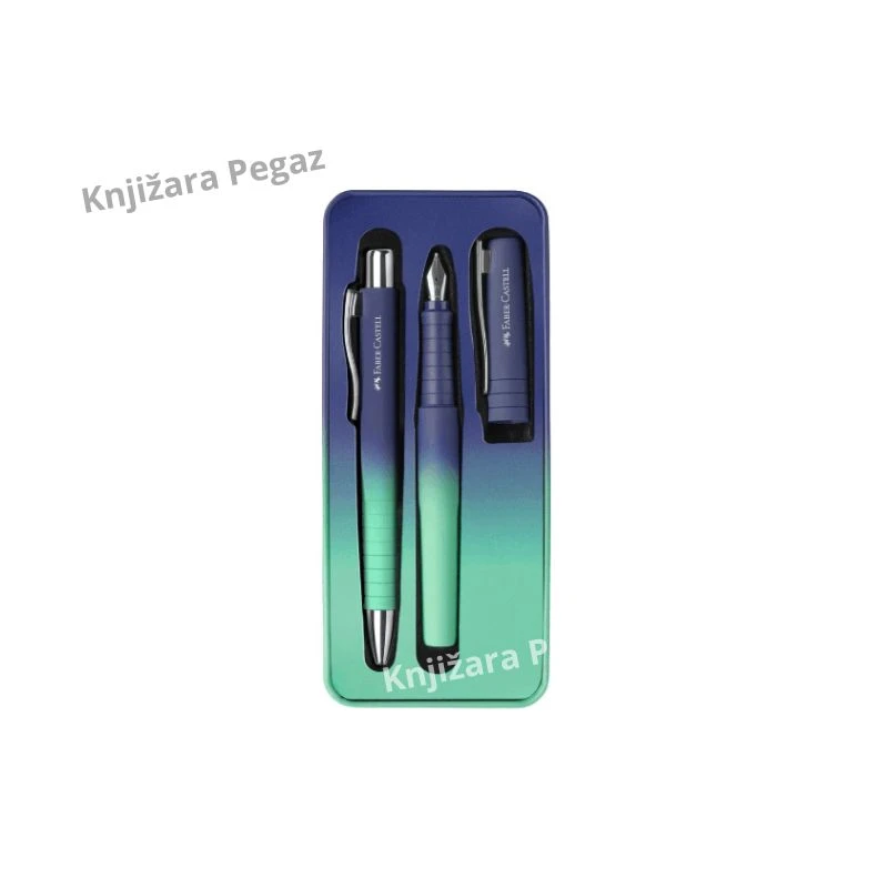 Faber-Castell Poly flow edition buzzing blue set sa hemijskom olovkom i naliv Perom M u metalnoj kutiji, Premium pisaći set 241055