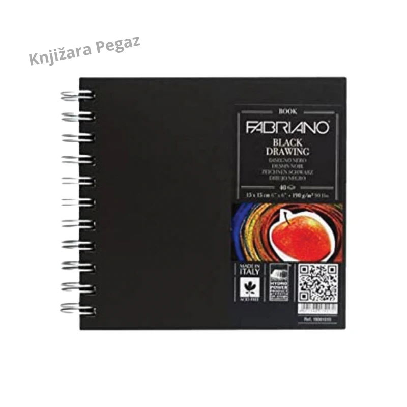 FABRIANO Black Drawing Book crni blok za pastele, olovke u boji i akril, bočna spirala, 15 x 15 cm, 40 listova, 190 g/m² – 19001515
