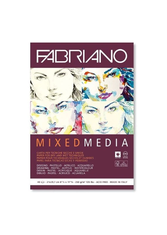 Fabriano Mixed Media blok za kombinovane tehnike A4 (21 × 29,7 cm), 40 listova, 250 g/m² – natural grain tekstura (19100381)