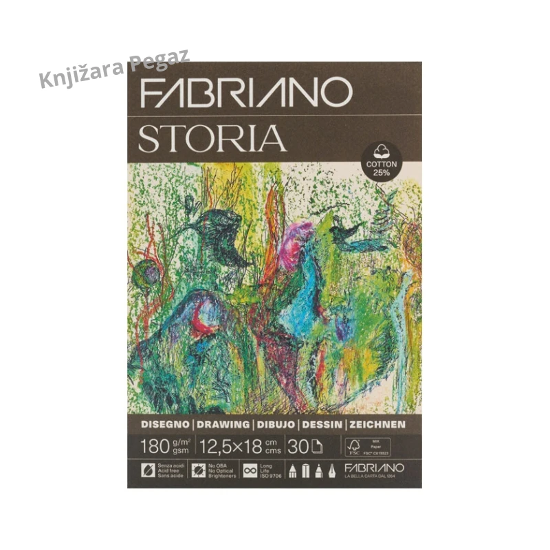 FABRIANO Storia blok za crtanje grafitom, ugljenom i bojicama, 25% pamuka, 12,5 x 18 cm, 30 listova, 180 g/m² – 19100731