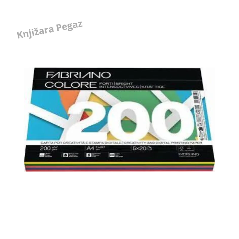 FABRIANO Colore papir u boji A4 za štampu i kreativne radove, 200 g/m², 100 listova, mešavina 5 jarkih boja – 19100817