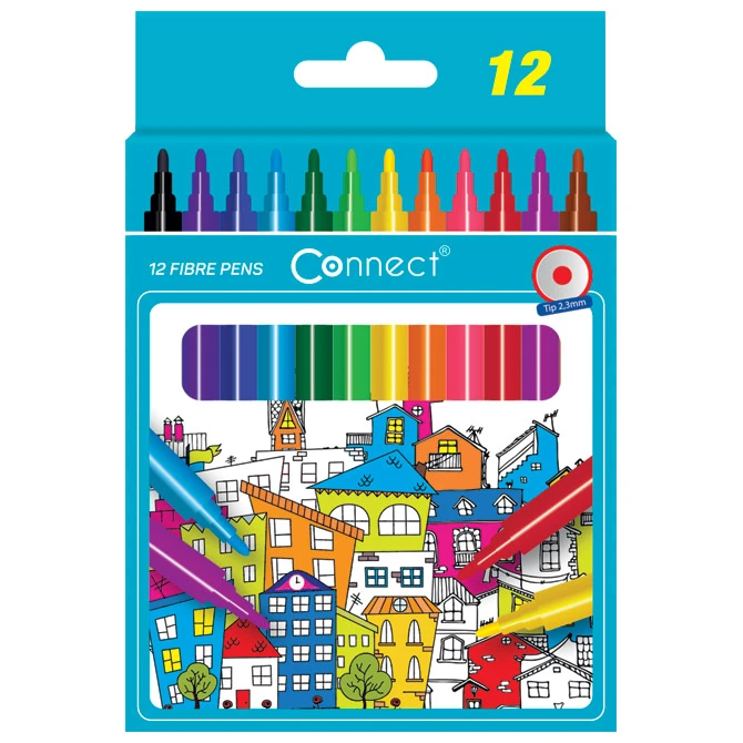 Connect flomasteri 12 boja – model 8957, blister pakovanje, kartonska kutija, okrugli vrh 2,3 mm, periva tinta
