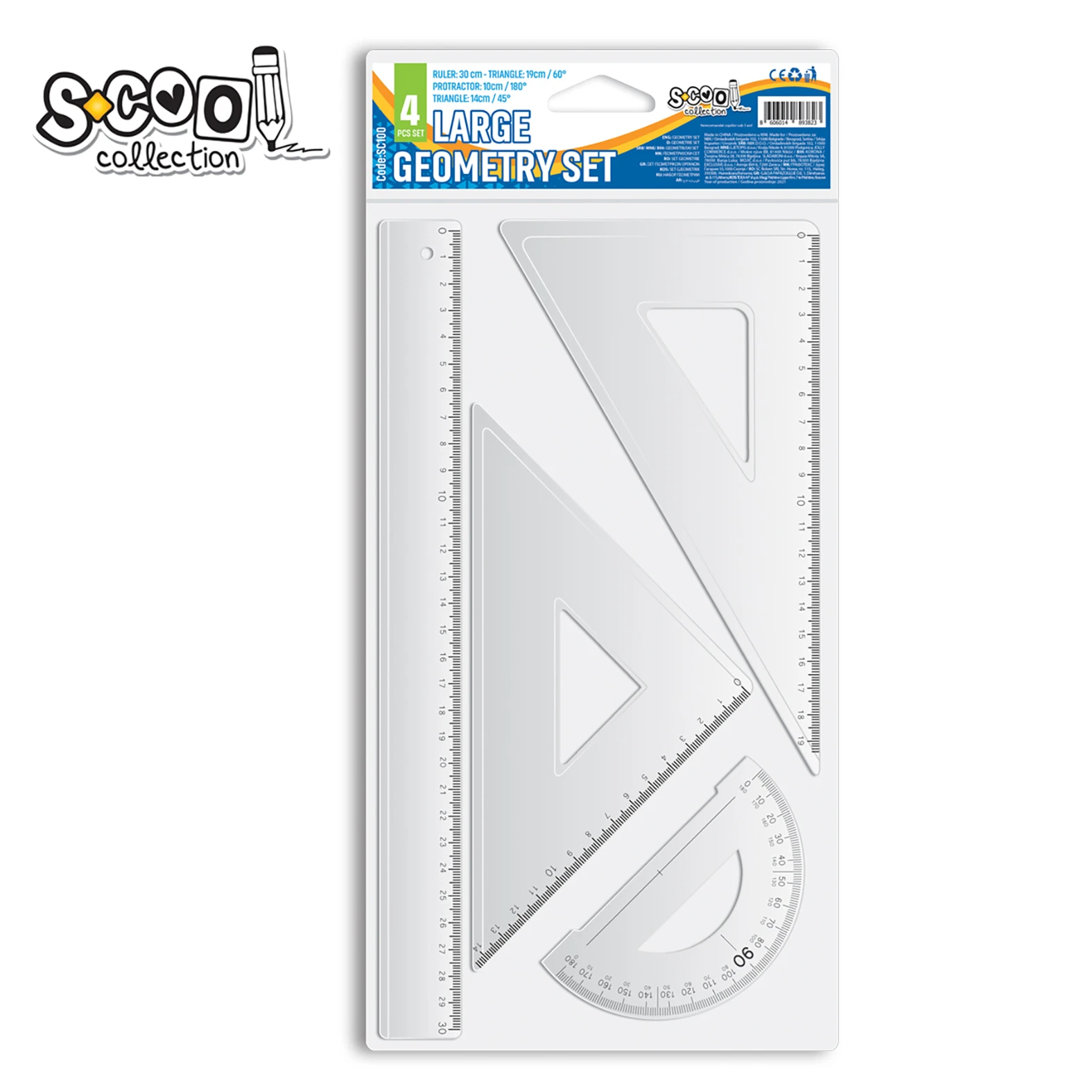 Geometrijski set Scool SC100 – komplet za geometriju sa lenjirom 30 cm, uglomerom i trouglovima 60° i 45°
