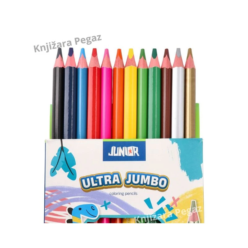 JUNIOR Ultra Jumbo drvene bojice trouglaste 12 boja 130210 – jumbo bojice za školu i crtanje, mina 5 mm, zlatna i srebrna