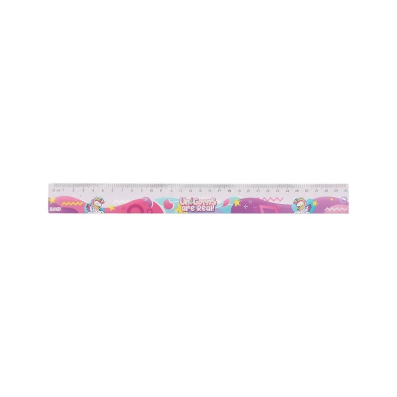 Junior lenjir 30 cm Unicorn – fleksibilni PVC lenjir sa štampanim jednorog motivom za precizno merenje, crtanje i školske zadatke, idealan za osnovce, kreativce i svakodnevnu upotrebu.
