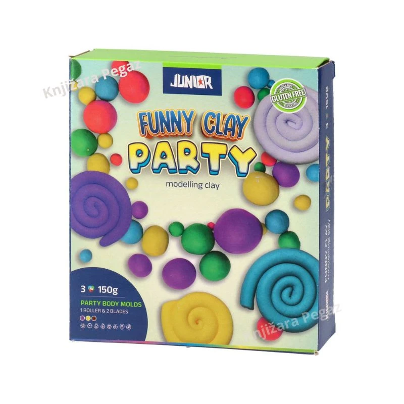 JUNIOR masa za oblikovanje Funny Clay Party 150 g, 3 boje sa kalupima i priborom 130796