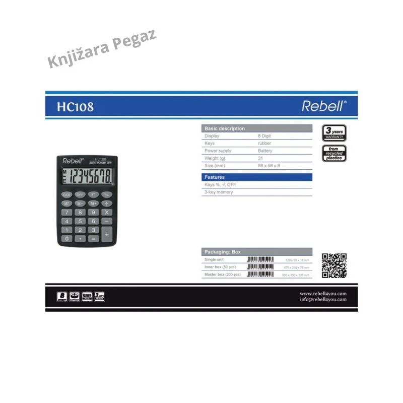 Rebell HC108 džepni kalkulator 8 cifara kompaktni crni 58x88 mm