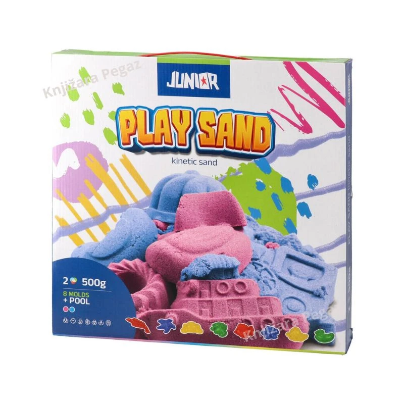 JUNIOR Kinetički pesak sa kadicom i 8 kalupa 500g, plavi i roze pesak za kreativnu igru 130750
