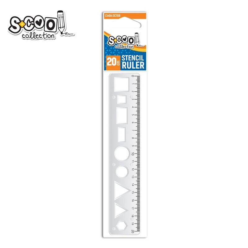Lenjir matematički Scool SC108 – 20 cm sa geometrijskim oblicima, izdržljiv, transparentan, plastični