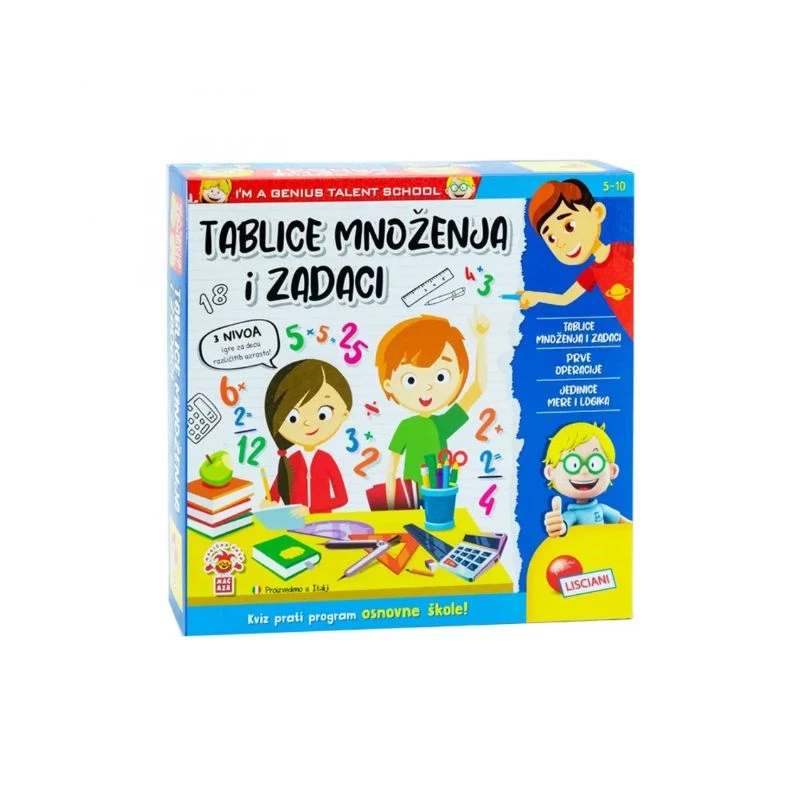 Mali genije SR edukativna igra – tablica množenja i matematički zadaci Lisciani, društvena didaktička igra za decu 5–10 godina po programu osnovne škole