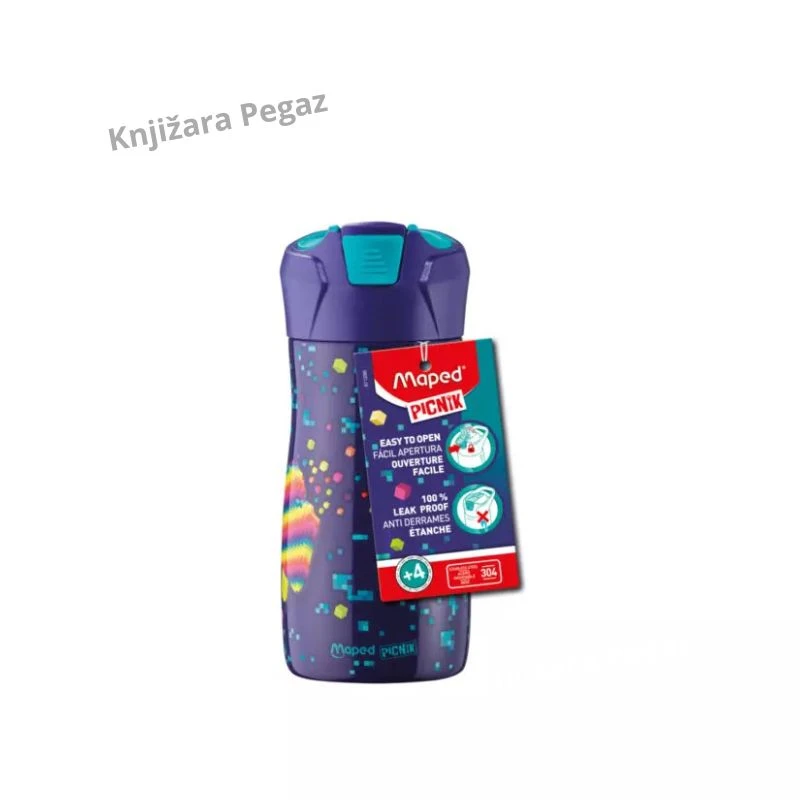 MAPED Pixel metalna flaša za vodu 430 ml, dečija sportska boca sa nepropusnim poklopcem M871298