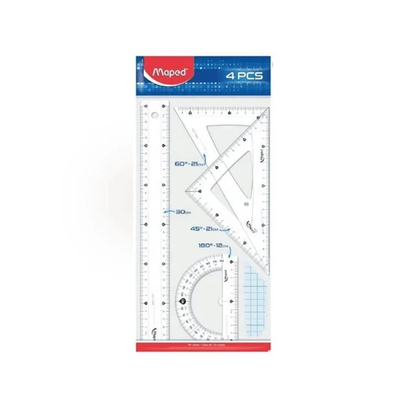 Maped geometrijski set START 30cm – komplet od 4 geometrijska pribora sa lenjirom 30 cm, uglomerom 180°, trouglovima 45° i 60°, idealan za precizno tehničko crtanje, geometriju i svakodnevnu školsku upotrebu.