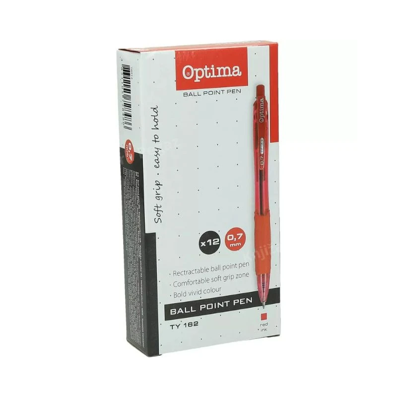 Hemijska olovka Optima TY162 crvena 0.7 mm, Ergonomski dizajn, Gumirani prstohvat i pritisni mehanizam