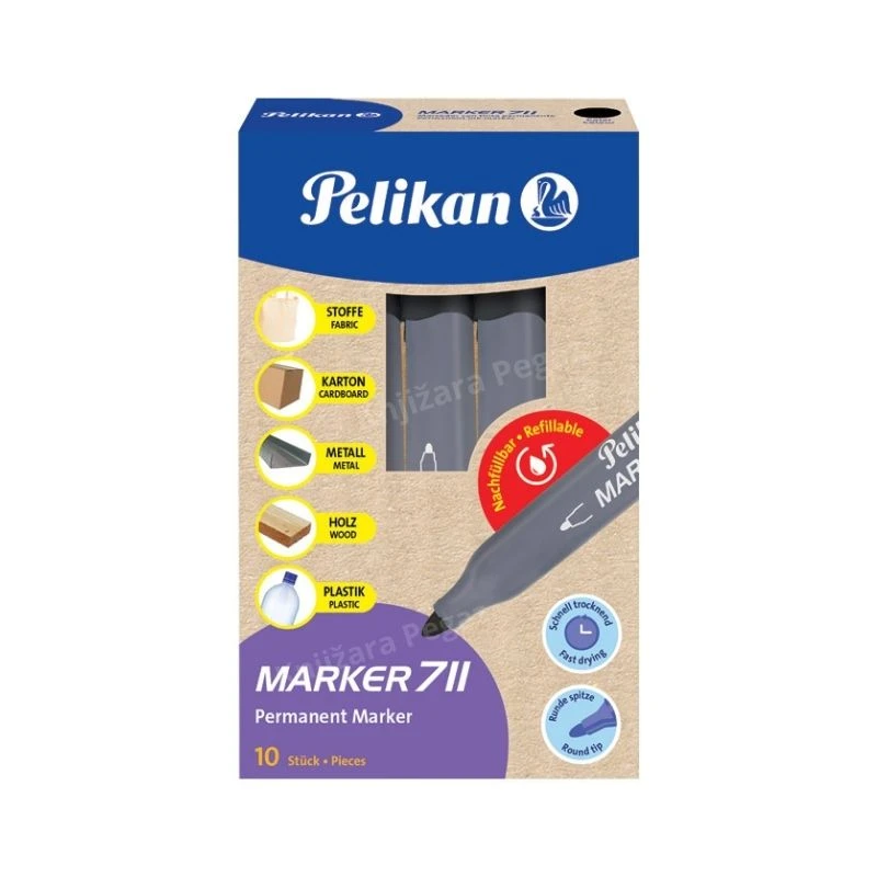 Pelikan 711 permanentni marker crne boje sa okruglim vrhom – punjivi vodootporni marker za pisanje, obeležavanje i profesionalnu upotrebu na gotovo svim površinama