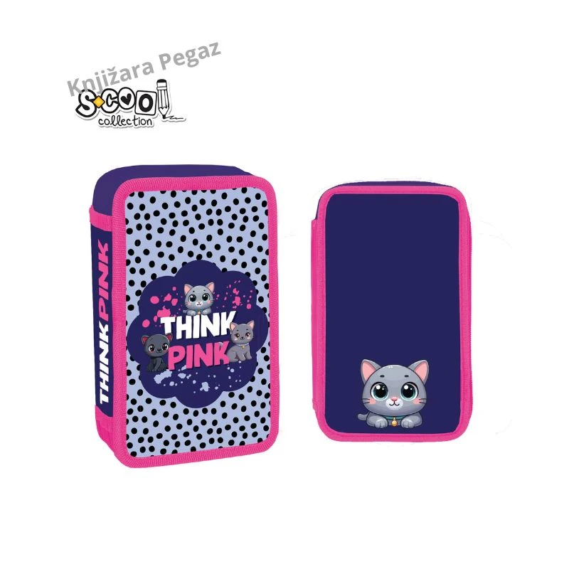 S-Cool Think Pink SC3276 puna školska pernica 2 zipa sa priborom 20 × 14 × 5 cm