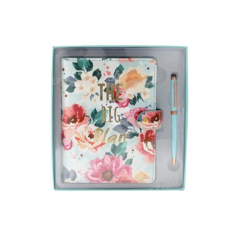 Poklon set Floral Green 28327 – elegantna agenda A5 sa cvetnim motivom i touch hemijska olovka u svetlo plavoj boji, savršen poklon za nju