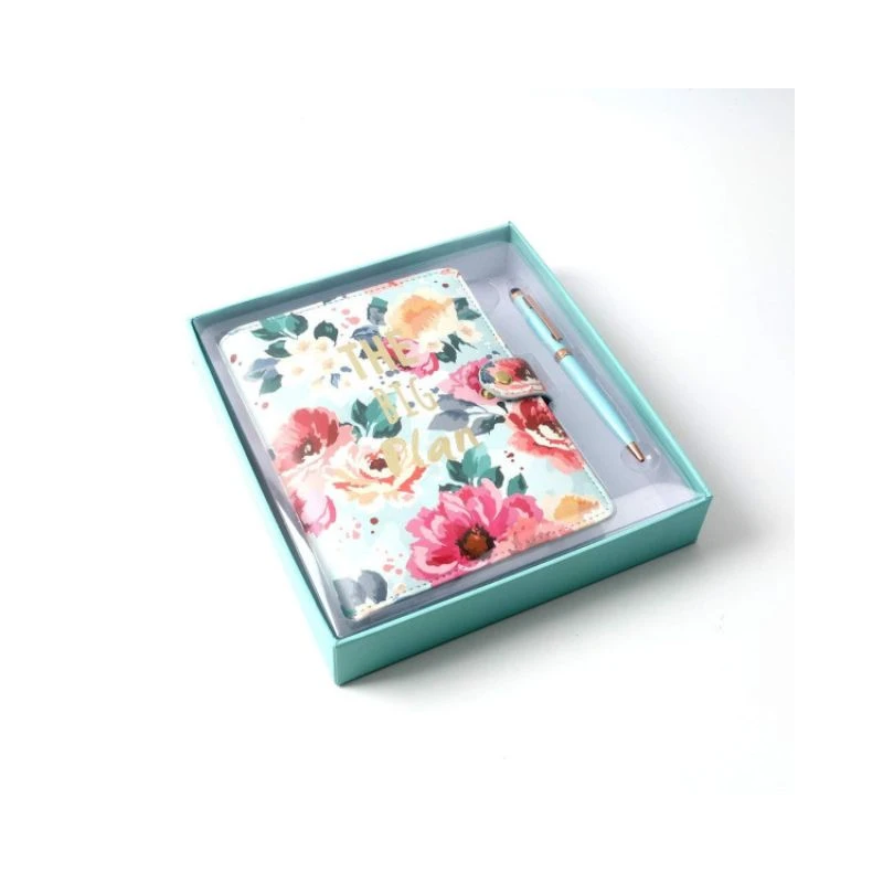 Poklon set Floral Green 28327 – elegantna agenda A5 sa cvetnim motivom i touch hemijska olovka u svetlo plavoj boji, savršen poklon za nju