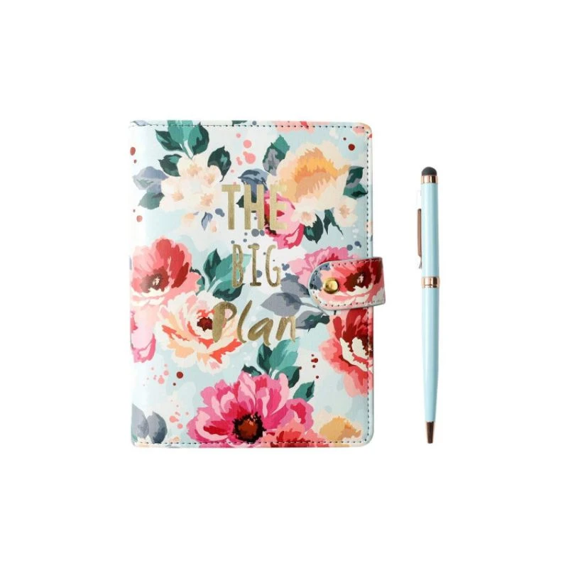 Poklon set Floral Green 28327 – elegantna agenda A5 sa cvetnim motivom i touch hemijska olovka u svetlo plavoj boji, savršen poklon za nju