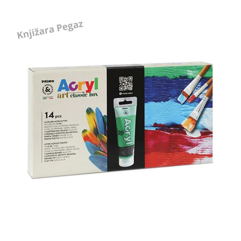 PRIMO set akrilnih boja za slikanje 8 x 75 ml sa 5 četkica i 1 platno veličine 14 x 22 cm – CMP 4201BOX3
