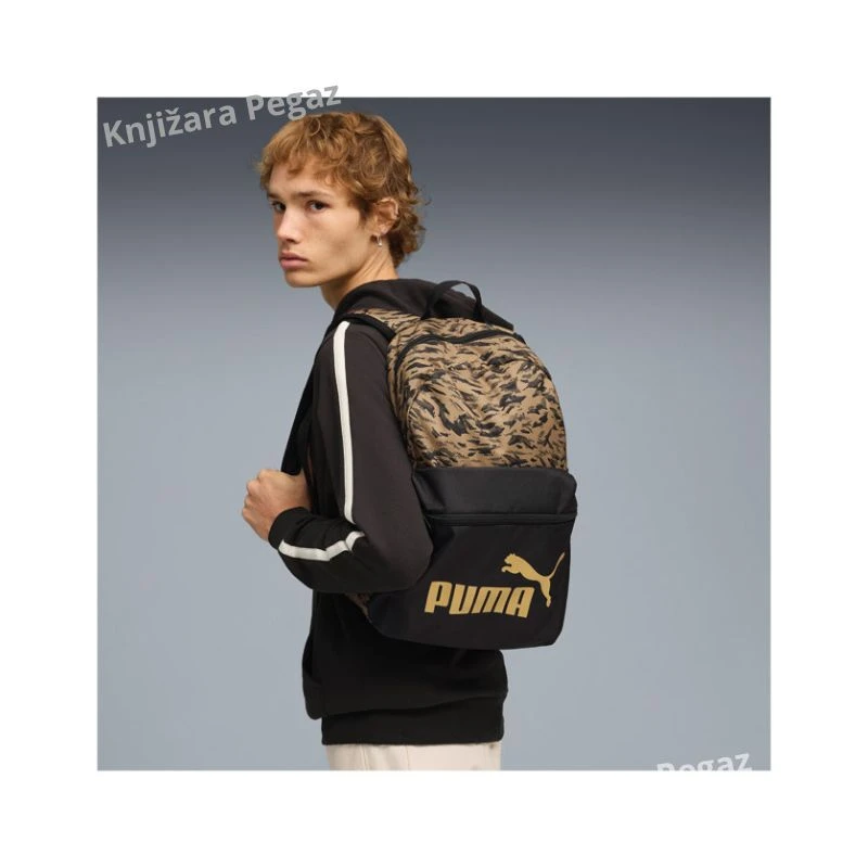 PUMA Phase AOPrint ranac 091169-07, zlatno-crni školski ranac sa prednjim džepom, lagan ranac za školu, fakultet i trening