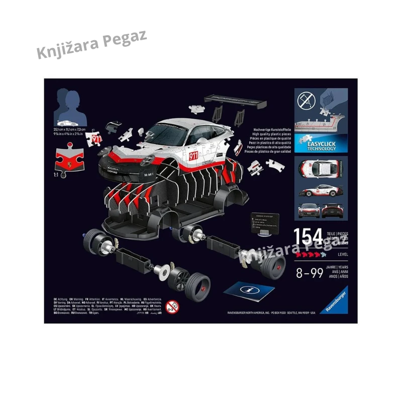 Ravensburger Porsche 911 GT3 Cup 3D puzle automobila – 108 delova, EasyClick sklapanje bez lepka, belo-crveno-crni trkački model RA12008039