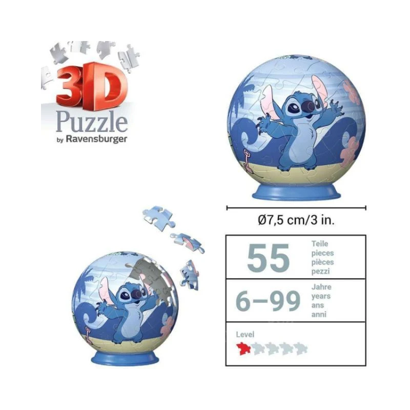 Ravensburger 3D puzzle Stitch RA11597 – trodimenzionalna slagalica sa 54 dela, Disney Stitch puzzle u obliku lopte za decu i odrasle, premium Ravensburger kvalitet