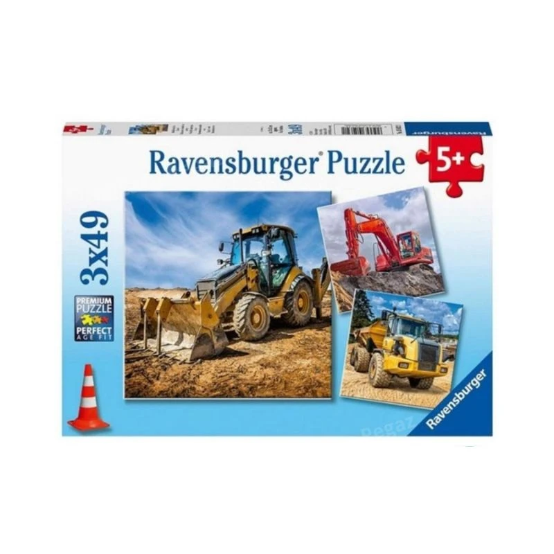 Ravensburger puzzle 3×49 delova Mašine u radu RA05032 – dečja slagalica sa građevinskim mašinama, edukativne puzzle za uzrast 5+, premium Ravensburger kvalitet