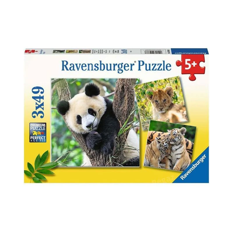 Ravensburger puzzle 3×49 delova Panda, tigar, lav RA05666 – dečja slagalica sa divljim životinjama, edukativne puzzle za razvoj motorike i koncentracije, premium kvalitet