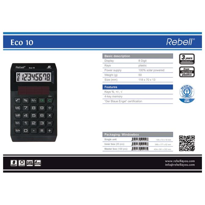Kalkulator džepni 10 mesta Rebell RE-ECO 10 crni – solarni digitron, ekološki, od recikliranog materijalia