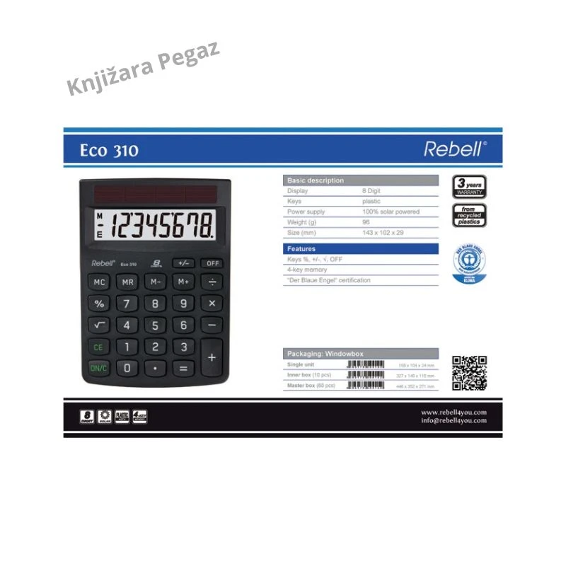 Rebell ECO310 komercijalni kalkulator 8 cifara 100% solarni crni 102x143 mm