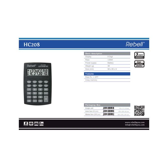 Rebell RE-HC208 BX – džepni kalkulator, 8 cifara, gumene tipke, crni