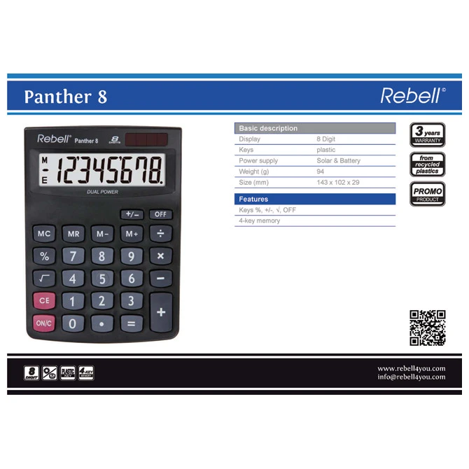 Kalkulator komercijalni 8 mesta Rebell RE-PANTHER 8 BX crni – solarno + baterija, reciklirani materijali