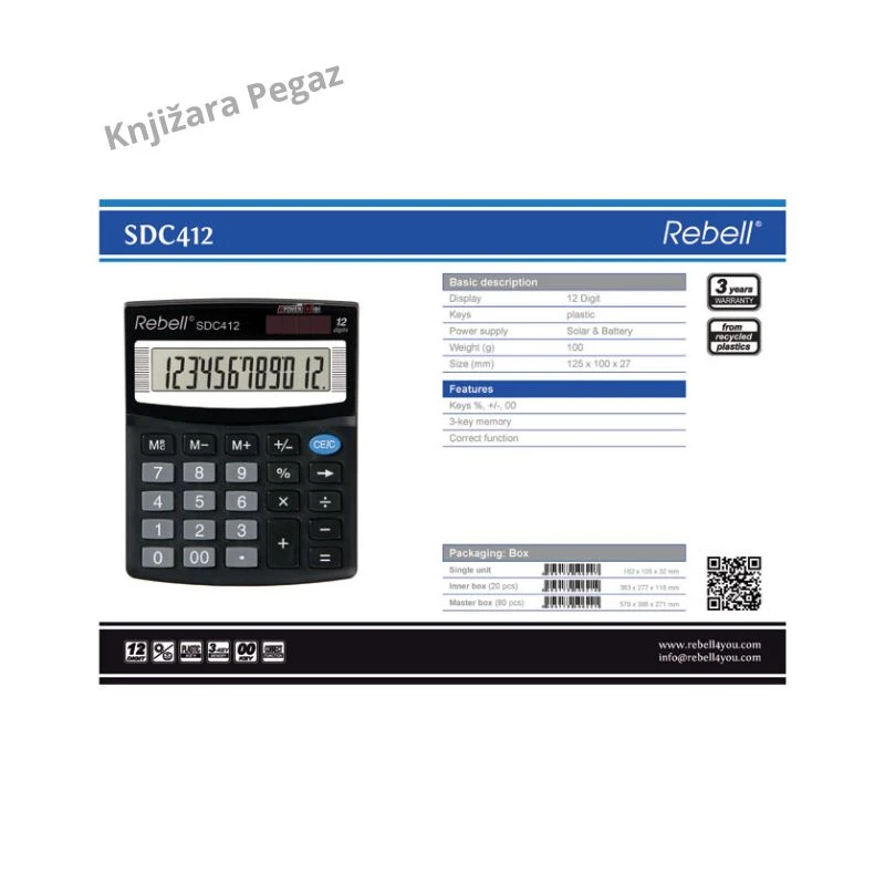 Rebell SDC412 komercijalni stoni kalkulator 12 cifara solarni + baterija crni RE-SDC412 BX