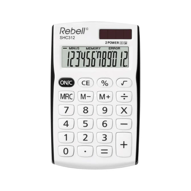 Kalkulator džepni 12 mesta Rebell RE-SHC312BK BX belo-crni – solarno + baterija, reciklirani materijali